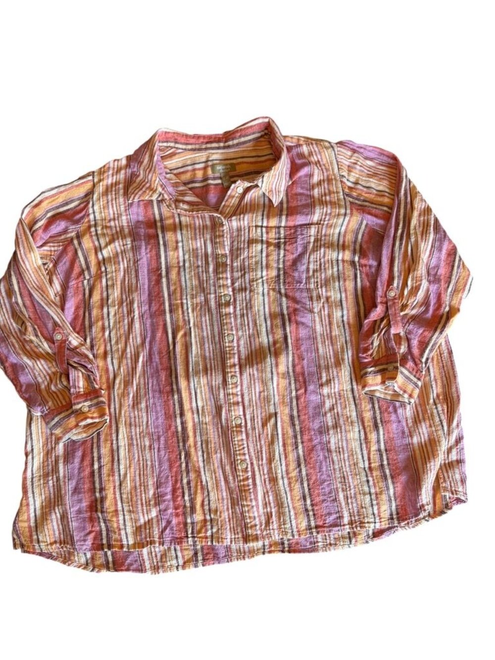 Denim & Co Naturals 3X Striped Button Front Shirt Roll Tab Summer Linen Blend - Picture 3 of 6